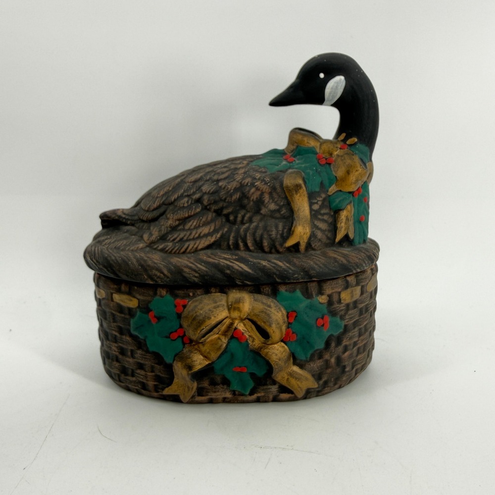 Canada Goose Trinket Box Small Brown Black Festive Holiday Ceramic Decor Bow